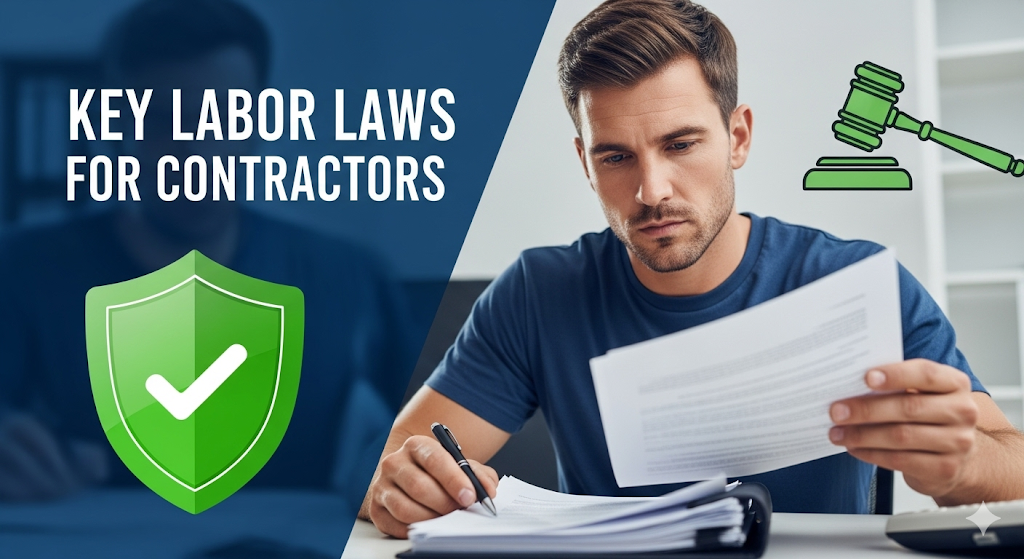 A Florida contractor reviews key labor law documents, including Form I-9 and workers' comp records, to ensure business compliance for licensing exams.