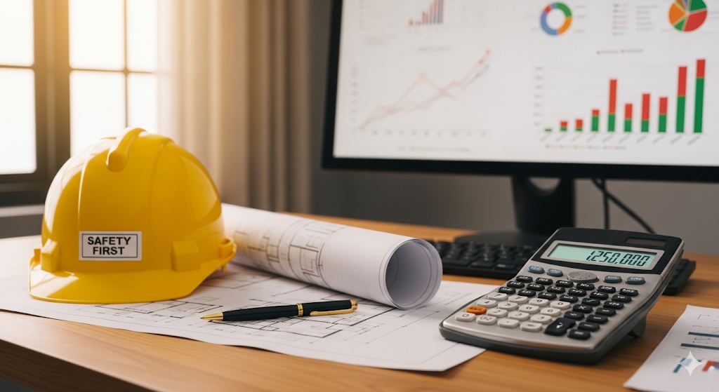 A hard hat, calculator, and blueprints on a desk, representing financial calculations for contractors.
