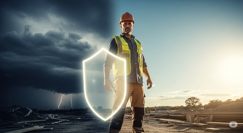 A confident contractor on a construction site with a glowing shield in front of them. The background is split between a stormy, dark sky and a clear, sunlit sky, representing the protection of a business from risk.