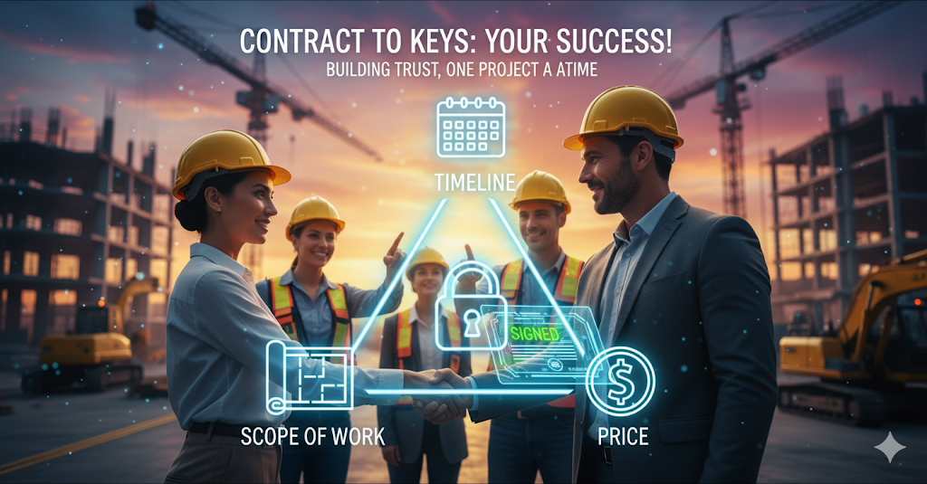 A contractor and a client shaking hands over a contract, representing mutual agreement and trust