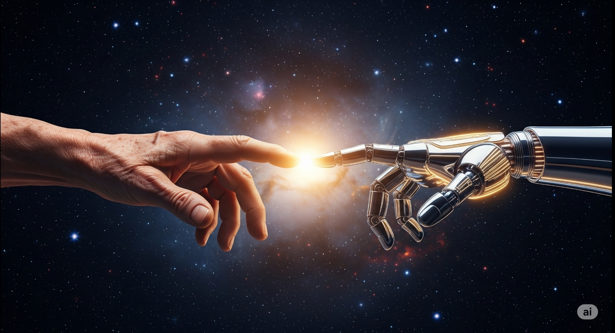 human hand and a futuristic robotic hand about to touch, with a bright light at their fingertips, set against a cosmic background of stars.