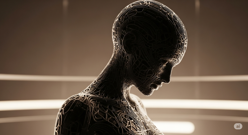 A close-up silhouette of Lyra-7, showing her woven carbon-nanotube composite skeleton.